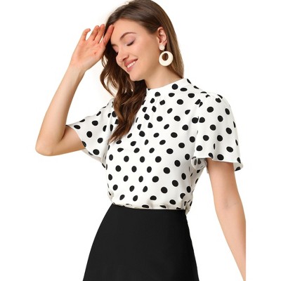 Allegra K Women's Polka Dots Stand Collar Pleat Keyhole Back Short Flare  Sleeve Tops White Black X-Large