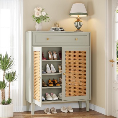 Mint Green Wooden Shoe Cabinet with Rattan Doors and Drawer