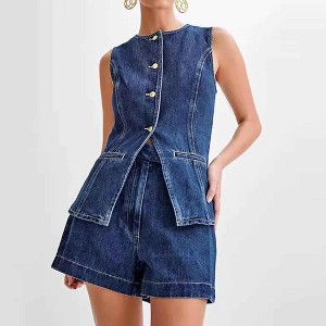 Women's Denim Shorts Set - High Waist Casual Outfit Sleeveless Top with Shorts Cherie Code - 1 of 4