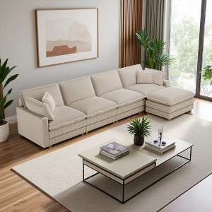 Corduroy Deep Seat Modular L-Shaped Sectional Sofa with 4 Pillows & Ottoman - 1 of 4