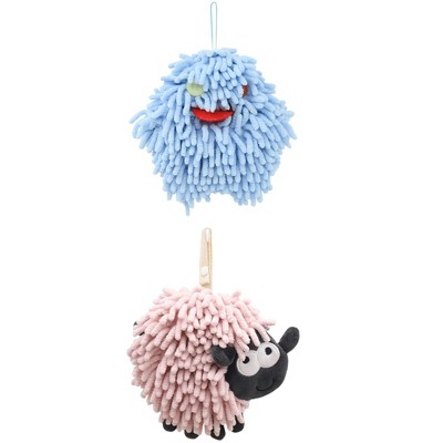 REGALWOVEN 2 Packs Cute Sheep Shape Absorbent Fast Drying Chenille Hand Towels with Hanging Loop 7" x 7"