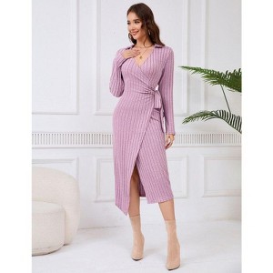 Coolmee Women Business Casual Lapel V Neck Long Sleeve Ribbed Knit Irregular Hem Waist Tie Trendy Slit Wrap Midi Dress - 1 of 4