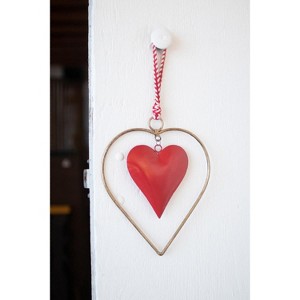 Metal Heart Door Hanger – 18" Tall Red and Brass Design by Kalalou - 1 of 3