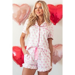 Pink Bowknot Printed Short Sleeve and Ruffled Shorts Pajama Set - 1 of 1