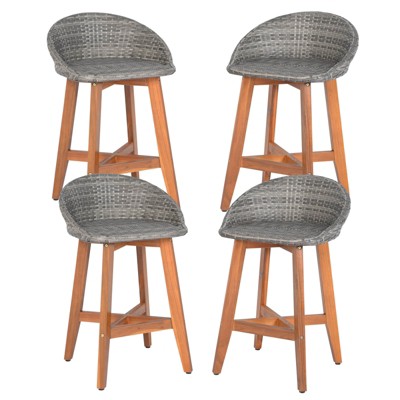 Costway Outdoor Faux Rattan Bar Chairs Set of 2/4 Solid Acacia Wood Bar Stools for Porch Brown/Gray