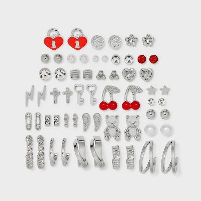 Nostalgic Cherry Heart and Teddy Bear Stud and Hoop Earring Set 30pc - Wild Fable™ Silver/Red