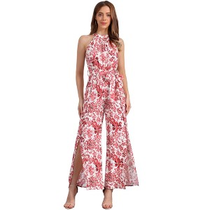 INSPIRE CHIC Women's Sleeveless Tie Halter Neck Belt Slit Wide Leg Boho Jumpsuit - 1 of 4