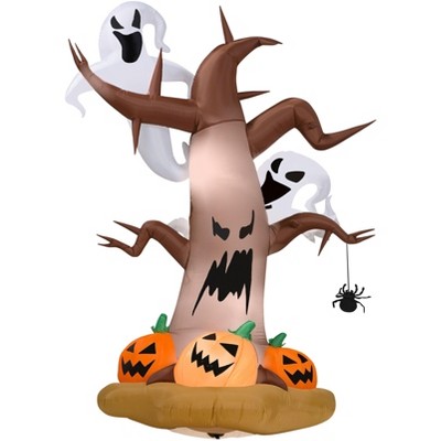 Gemmy Airblown Inflatable Dead Tree w/Ghosts on Top+Pumpkins, 8 ft Tall, Brown