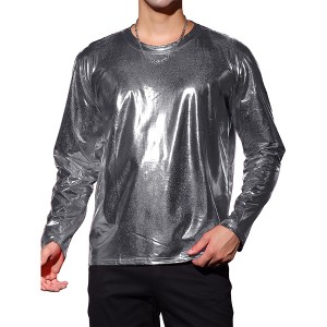 INSPIRE CHIC Men's Round Neck Long Sleeves Shining Disco Metallic T-Shirt - 1 of 4