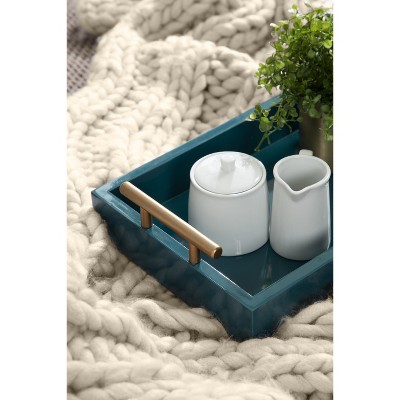 Teal and Gold Rectangular Wood Tray Set with Metal Handles