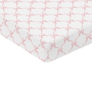 Sweet Jojo Designs Baby Girl Fitted 100% Cotton Muslin Crib Sheet Ballerina and Ballet Bows Pink and White - 1 of 4