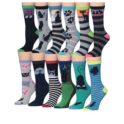 Tipi Toe Women's 12-Pairs Fashion Lightweight Crew Colorful Striped Cat Socks For Women