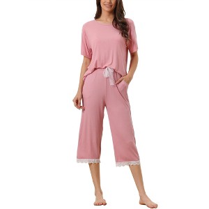 INSPIRE CHIC Women's Modal Loose Summer Solid Lace Trim Short Sleeve Carpri Pajama Set - 1 of 4