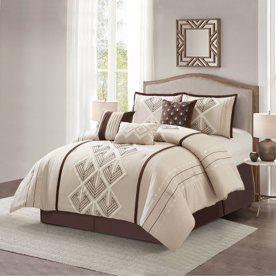 Queen Brown Microfiber Geometric Comforter Set