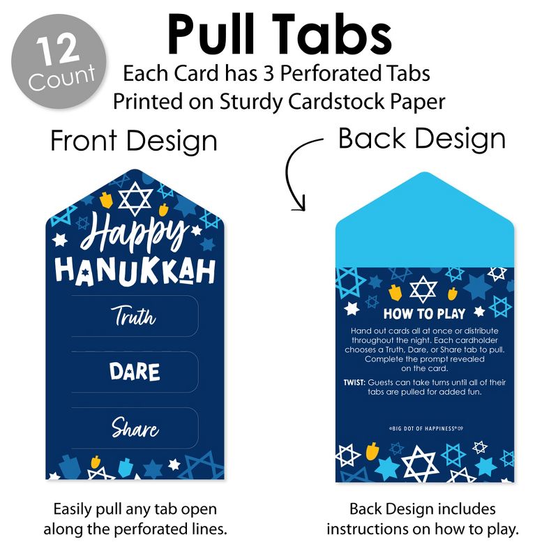 Big Dot of Happiness Hanukkah Menorah - Chanukah Holiday Party Game Pickle Cards - Truth, Dare, Share Pull Tabs - Set of 12, 3 of 6