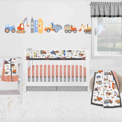 Bacati - Construction Yellow Orange Blue Gray 6 pc Crib Bedding Set with Long Rail Guard Cover