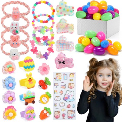 Skirfy Easter for Girls,49 PCS Toddlers Kids Toys ,Earrings,Rings,Hair Clip,Play Princess Toys for Dress Up,Easter Egg Classroom Peizes