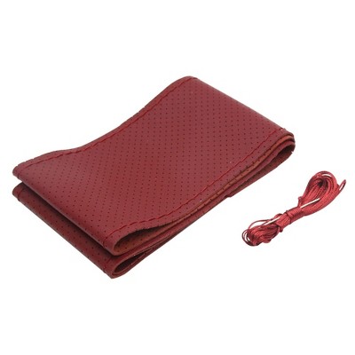 Unique Bargains 15" Outer Dia Faux Leather Car Steering Wheel Cover w Needle and Thread Burgundy