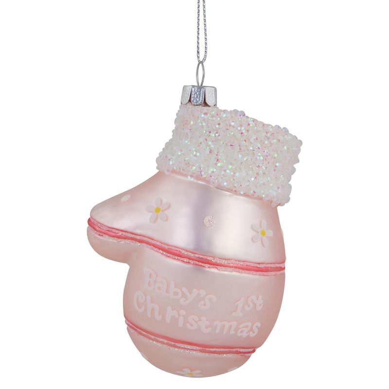 Northlight 4" Baby's 1st Christmas Pink Mitten Glass Ornament, 1 of 6