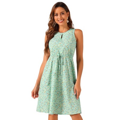 Allegra K Women's Floral Split Neck Drawstring Waist Sleeveless A-Line Summer Midi Dress