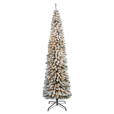 Nearly Natural 8-ft Flocked Pencil Artificial Christmas Tree with 500 Clear Lights and 646 Bendable Branches