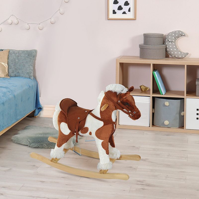 Qaba Kids Plush Ride-On Toy Rocking Horse Toddler Plush Animal Rocker with Nursery Rhyme Music - Light Brown / White, 4 of 10