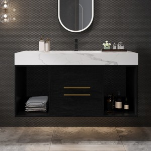39.4'' Floating Bathroom Vanity with Ceramic Sink, Wall Mounted Modern Cabinet with Soft Close Drawers & Marble Top-3irtyhousy - 1 of 4