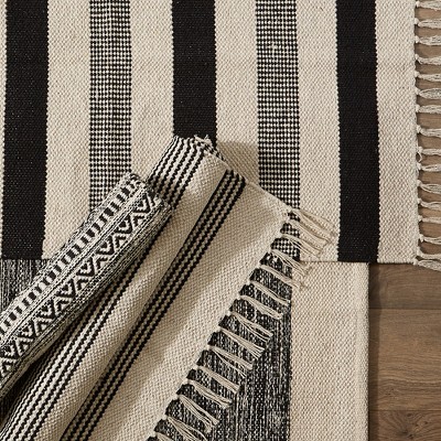 Handmade Black Cotton Stripe Rectangular Rug 2x3 ft