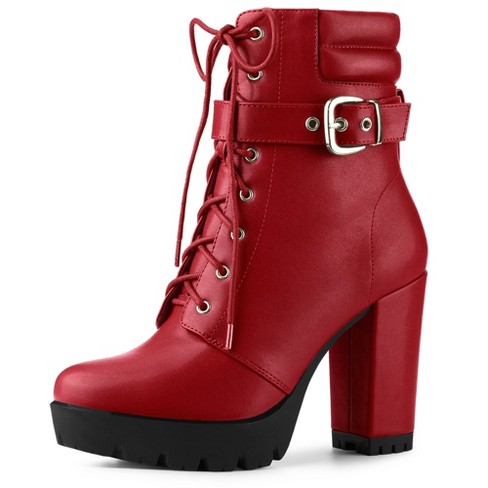 Allegra K Women's Platform Buckle Lace Up Block Heel Ankle Boot Red 6