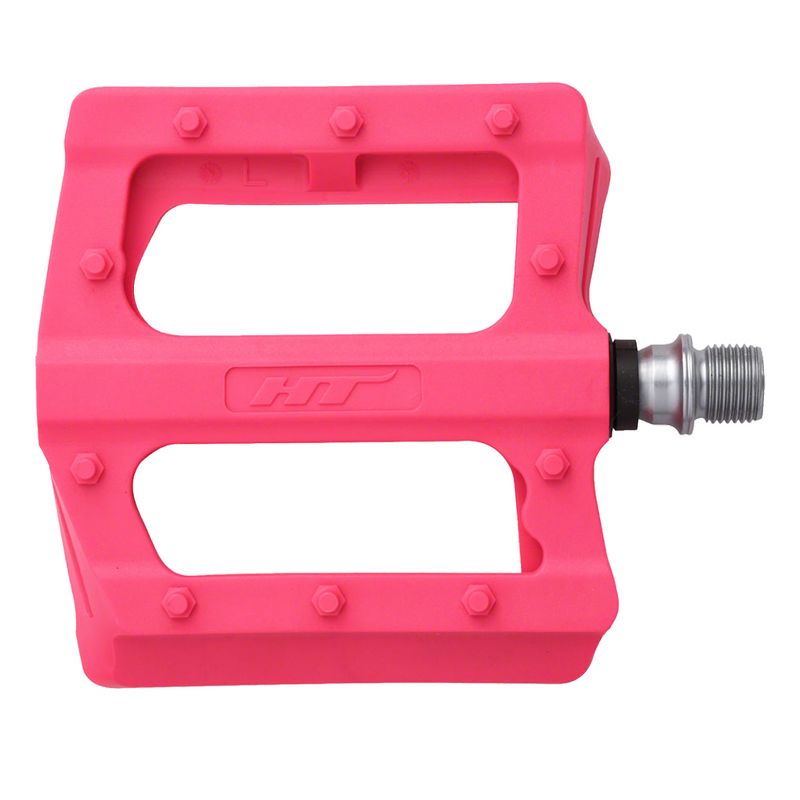 HT PA12 Platform Pedals 9/16" Nylon Reinforced Composite In-Mold Pins Neon Pink, 1 of 2