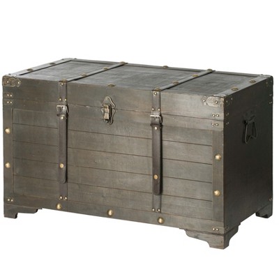 Vintiquewise Wooden Leather Round Top Treasure Chest Decorative Storage Trunk with Lockable Latch