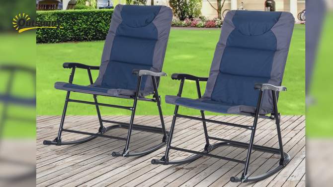 Outsunny 3 Piece Outdoor Patio Furniture Set with Glass Coffee Table & 2 Folding Padded Rocking Chairs, Bistro Style for Porch, Camping, Balcony, 2 of 9, play video