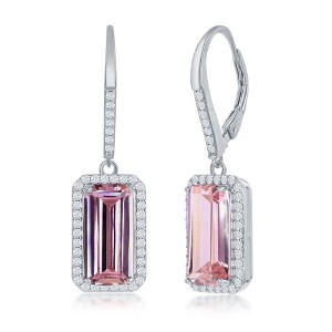 Bella Silver Sterling Silver Emerald-Cut Pink CZ with CZ Border Dangle Earrings - Pink - 1 of 2