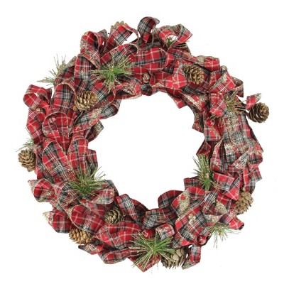 Northlight 14.25" Unlit Red Plaid Bows and Pine Cones Artificial Christmas Wreath