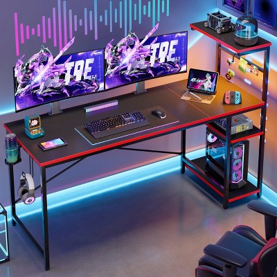 Bestier 61 Inch Black Grained Gaming Desk with Shelves