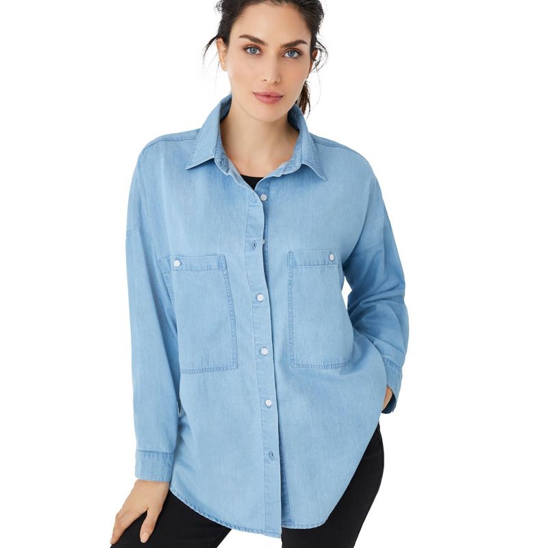 ellos Women's Plus Size Oversized Button-Front Denim Shirt, 1 of 2