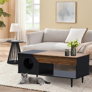 TROPOW 45'' Black Coffee Table Cat Tables Living Room with Storage Drawer, Wooden Rustic Coffee Tables with Cat House - 1 of 4