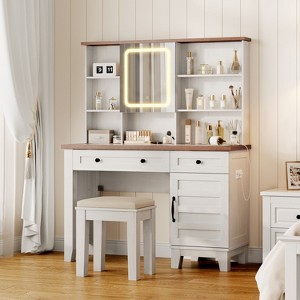 Farmhouse Makeup Vanity Desk with Mirror and Lights, Power Outlet, 2 Drawers and Cushioned Stool, Glass Top for Bedroom Dressing Room - 1 of 4