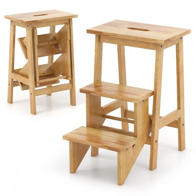 Tangkula Multi-function 3 Tier Step Stool 3 in 1 Folding Ladder 24" Storage Shelf Natural