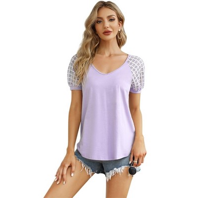 Womens Summer Tops Casual Short Sleeve V Neck T Shirts Loose Mesh Solid Color Patchwork Tunic Blouse Shirts