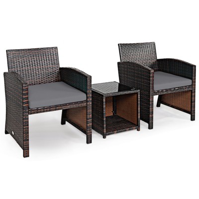 Tangkula 3 PCS Patio Rattan Furniture Set Conversation Chair Set with Soft Cushion & Coffee Table for Backyard Poolside Garden