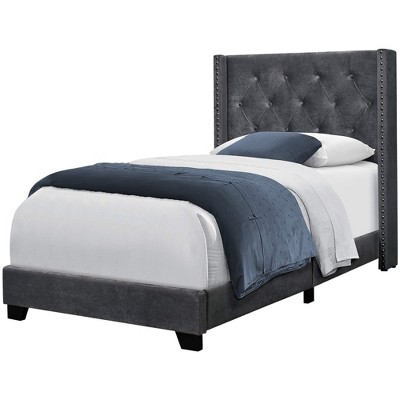Monarch Specialties Bed Twin Size Platform Teen Frame Upholstered Velvet Wood Legs Grey Chrome Transitional