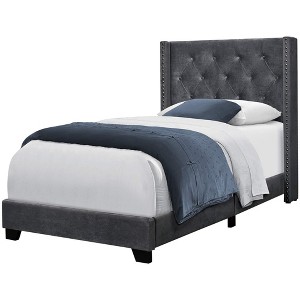 Monarch Specialties Bed Twin Size Platform Teen Frame Upholstered Velvet Wood Legs Grey Chrome Transitional - 1 of 4