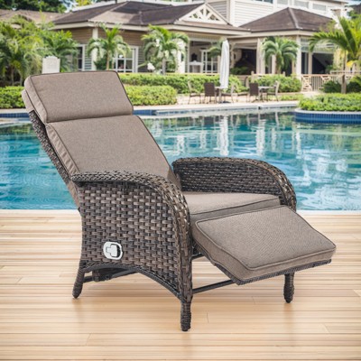POCASSY Outdoor Recliner Chair, Wicker Adjustable Reclining Patio Lounge Chair with Cushion, Adjustable Backrest and Footrest, Ideal for Pool Deck