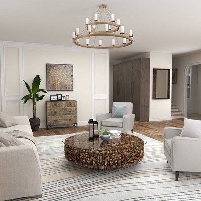 Handcrafted Driftwood Round Coffee Table with Glass Top, 48" Brown