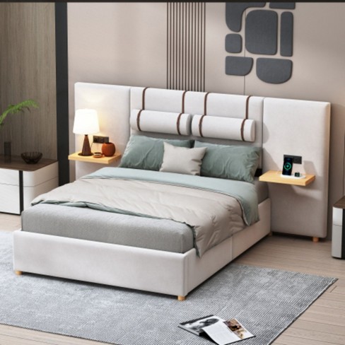 Full-Size Upholstered Velvet Platform Bed with Dual Outlets, USB Ports, Bedside Pillows, and Storage Shelves - image 1 of 4