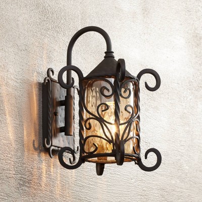 Rustic Dark Walnut Iron Scroll Outdoor Wall Light with Champagne Glass