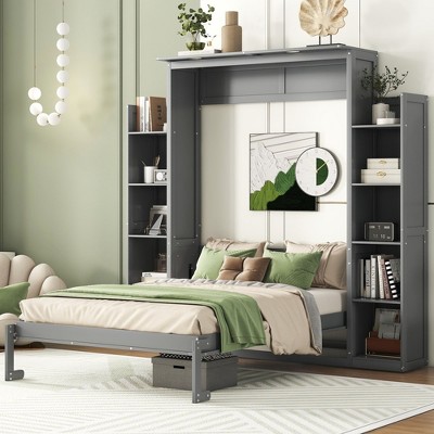 CAVINAS Queen Size Murphy Bed Modern Foldable Wooden Bed Frame with 10 Storage Shelves and LED Light for Bedroom