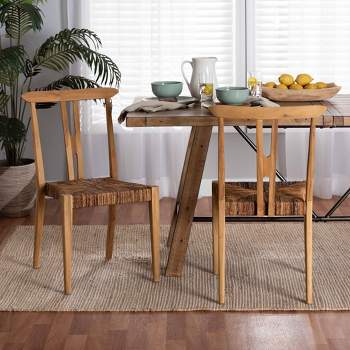 2pc Artha Teak Wood and Seagrass Dining Chairs Natural Brown - Baxton Studio: Bohemian Style, Wishbone Backrest, Fully Assembled