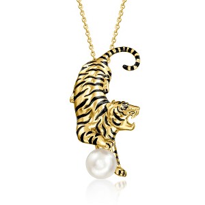 Ross-Simons 18kt Gold Over Sterling and Black Enamel Tiger Pin/Pendant Necklace With 8-8.5mm Cultured Pearl Size 18 - 1 of 4